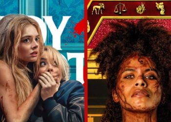 Samara Weaving and Kathryn Newton bloodied and hiding in Ready or Not 2 beside Zazie Beetz battered and defiant in They Will Kill You