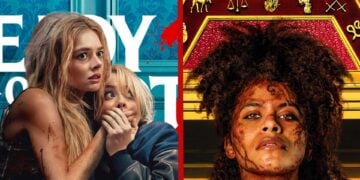 Samara Weaving and Kathryn Newton bloodied and hiding in Ready or Not 2 beside Zazie Beetz battered and defiant in They Will Kill You