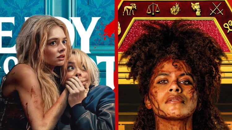 Samara Weaving and Kathryn Newton bloodied and hiding in Ready or Not 2 beside Zazie Beetz battered and defiant in They Will Kill You