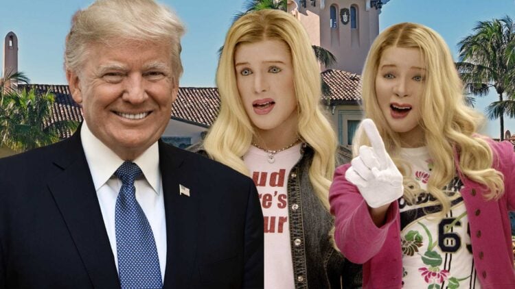 Marlon Wayans' White Chicks characters stand behind Donald Trump in front of Mar-a-Lago in Palm Beach, Florida