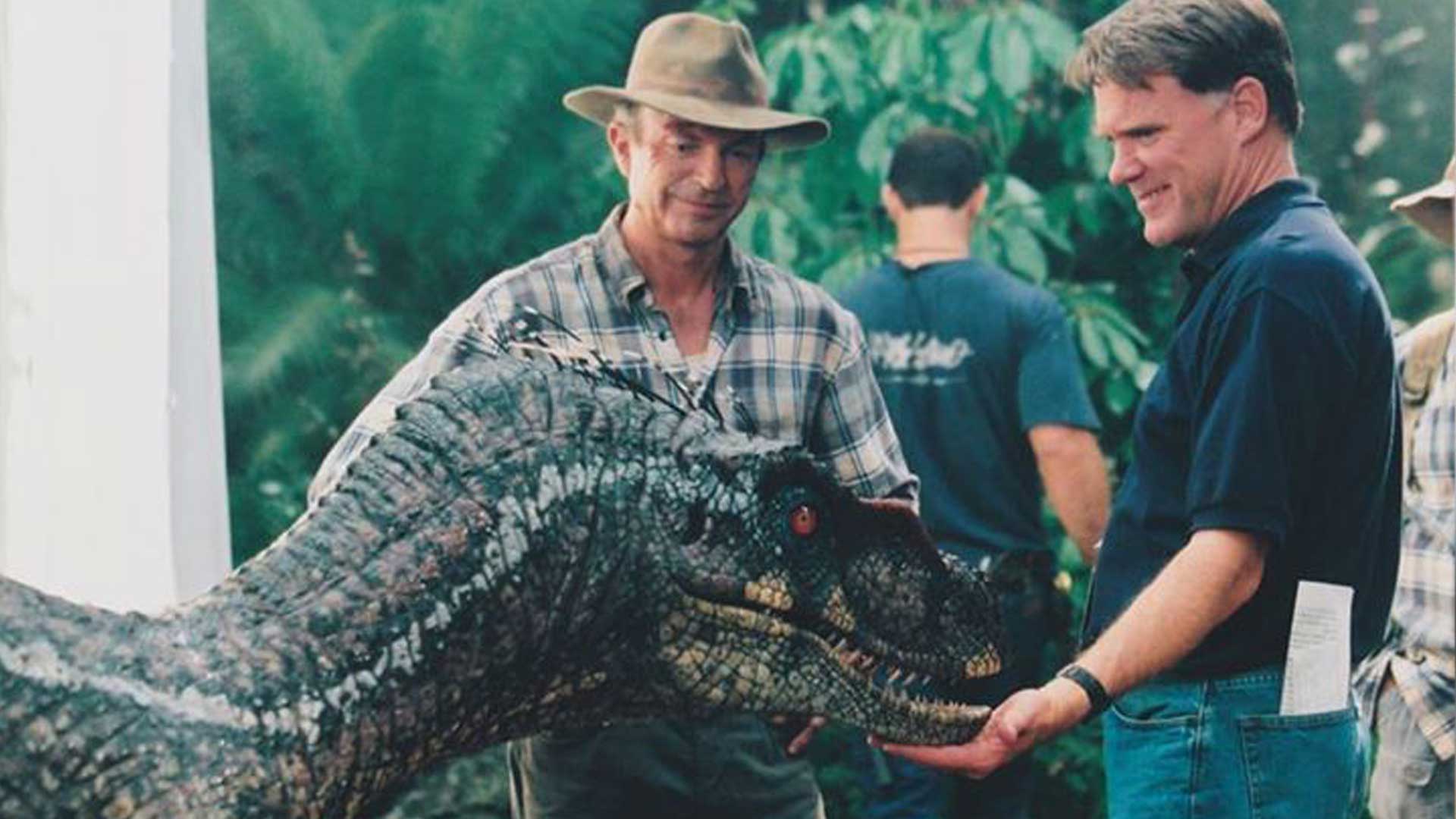 Sam Neill on set with the animatronic Spinosaurus during filming of Jurassic Park III
