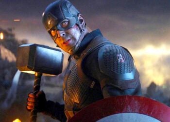Chris Evans as Captain America wielding Thor's hammer Mjolnir in Avengers: Endgame