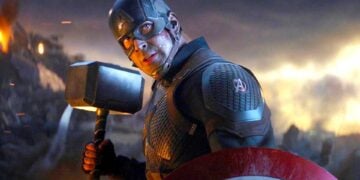 Chris Evans as Captain America wielding Thor's hammer Mjolnir in Avengers: Endgame