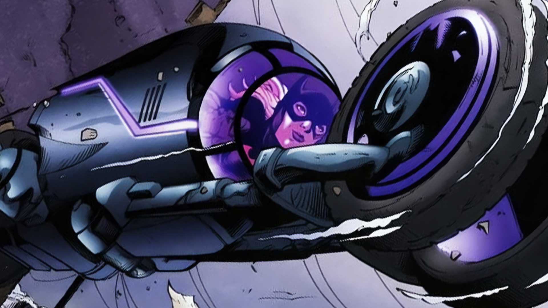 Comic book panel of Batgirl piloting the Ricochet, DC's tri-wheeled escape vehicle, through its tunnel-style cockpit