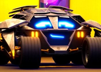 Close-up of the armored, bat-themed vehicle from Batwheels Season 3 with glowing blue eyes and orange lights, set against a yellow garage backdrop