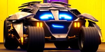 Close-up of the armored, bat-themed vehicle from Batwheels Season 3 with glowing blue eyes and orange lights, set against a yellow garage backdrop