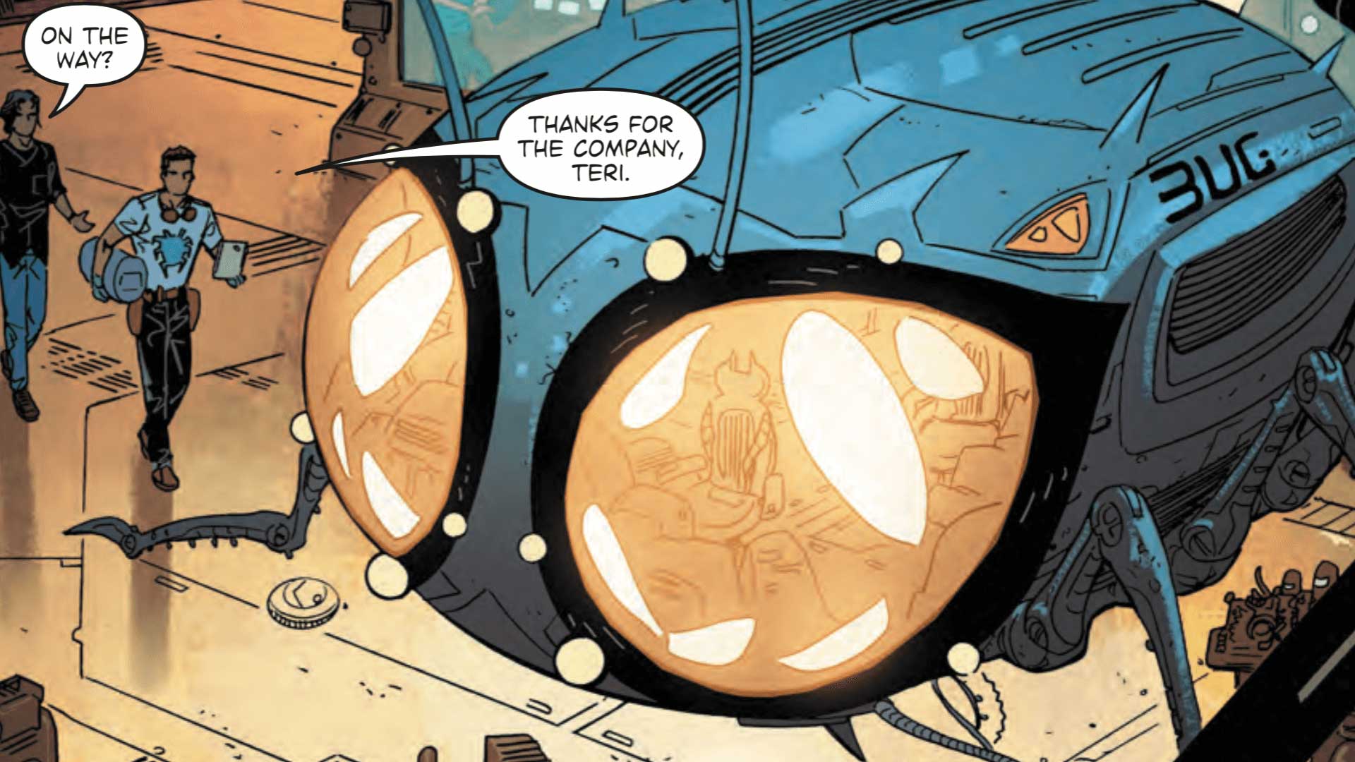 Comic book panel of the Bug, Blue Beetle's insect-shaped aerial vehicle, labeled 'BUG' on its side panel
