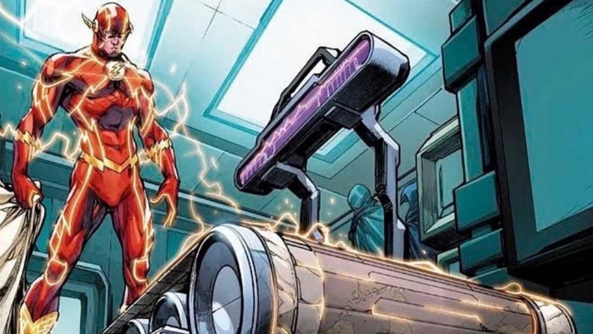 The Flash standing beside the sparking, electrified Cosmic Treadmill in a comic book lab setting