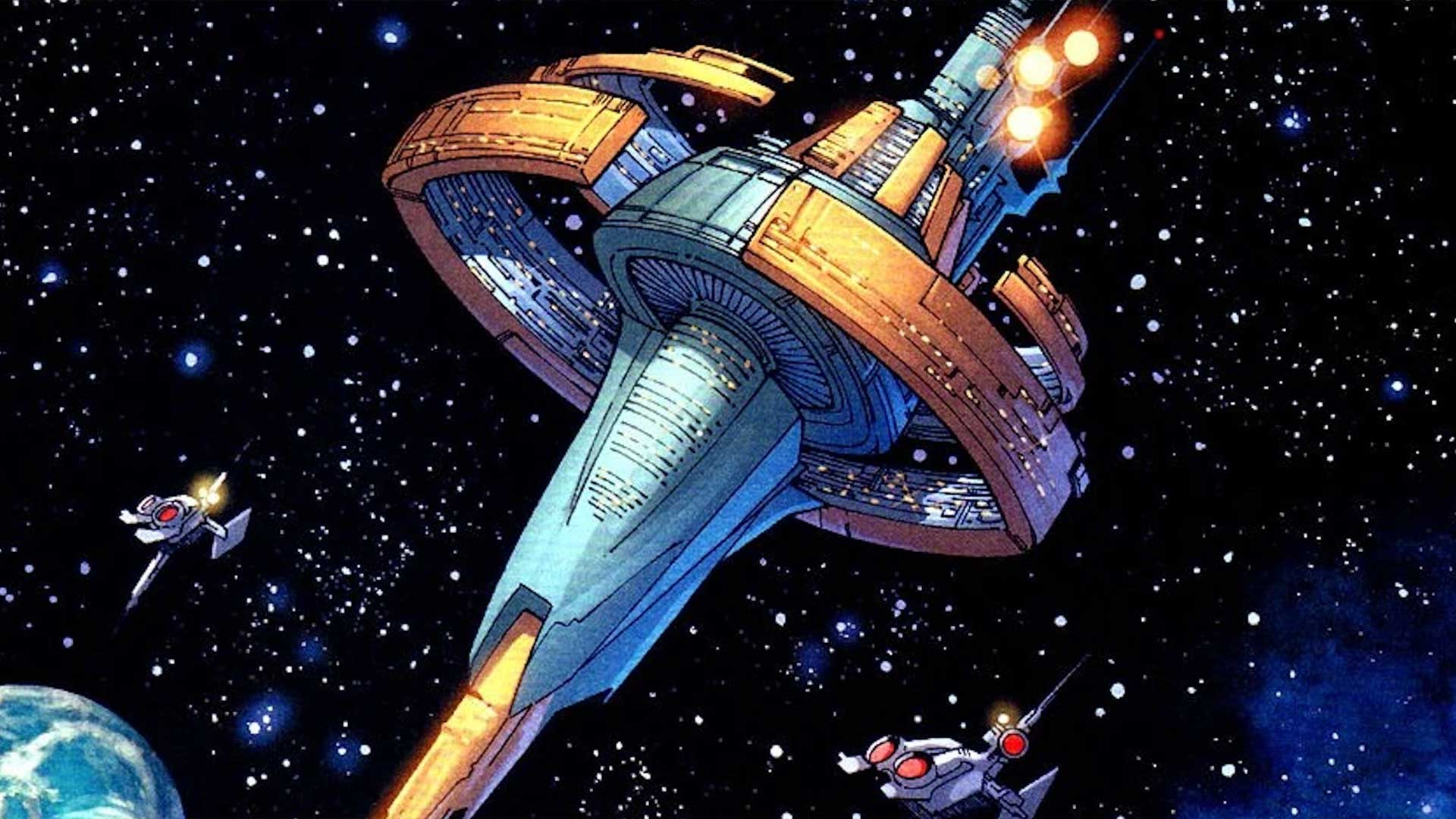 The House of Heroes, DC's ringed multiversal satellite, flying through space with Earth visible in the distance