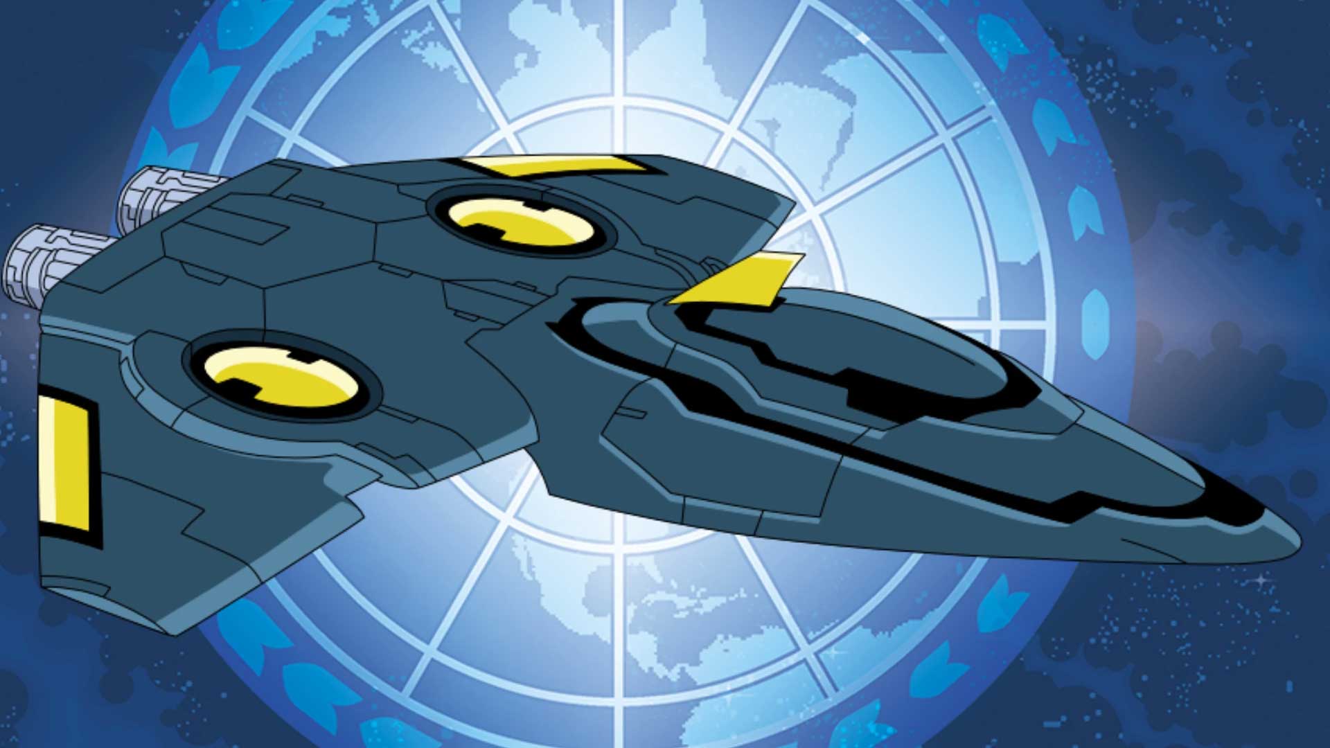 The Javelin-7 spacecraft with Bat-symbol markings flying above Earth in this Justice League animated still