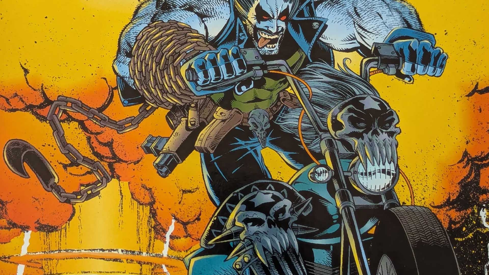 Lobo riding his chopper-style motorcycle, the Spacehog, featuring a skull-shaped front grille