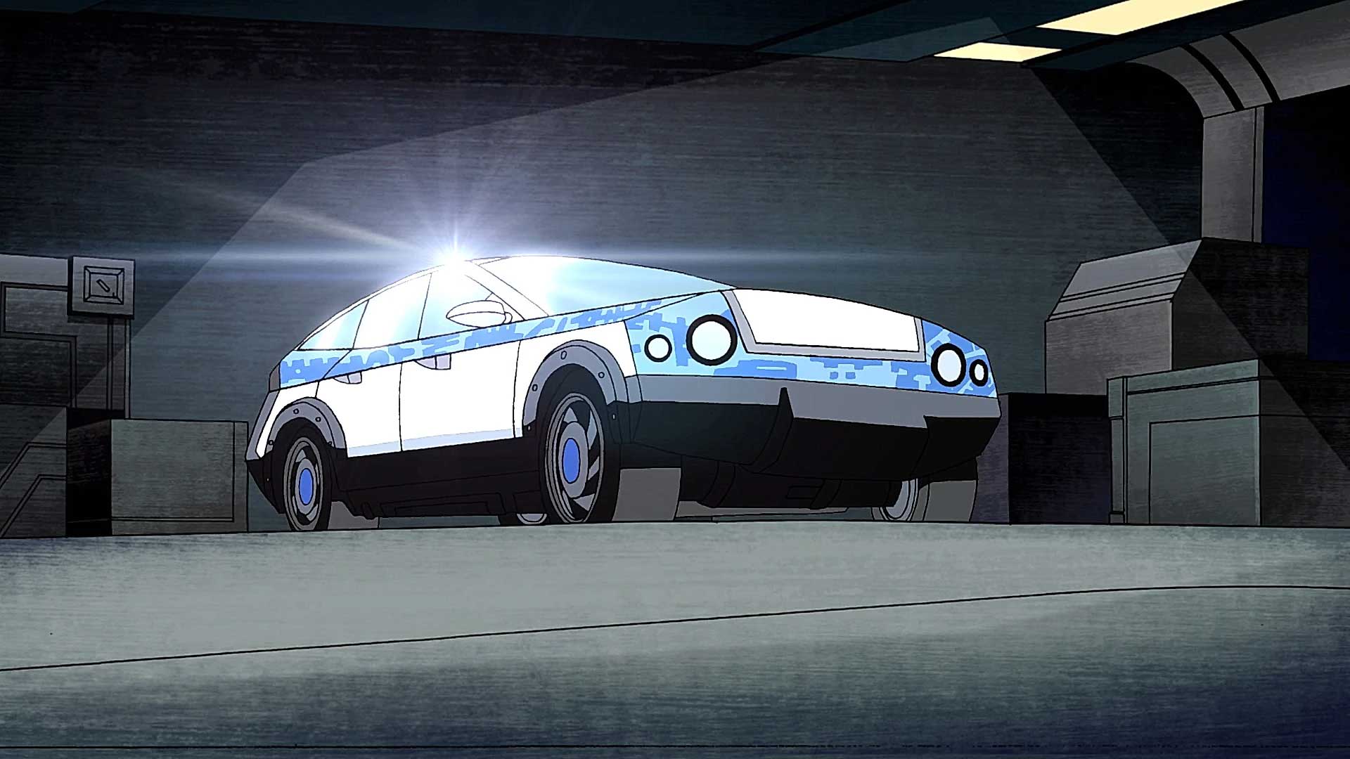 The T-Car, Cyborg's sleek silver and blue vehicle from Teen Titans, parked in a dimly lit garage