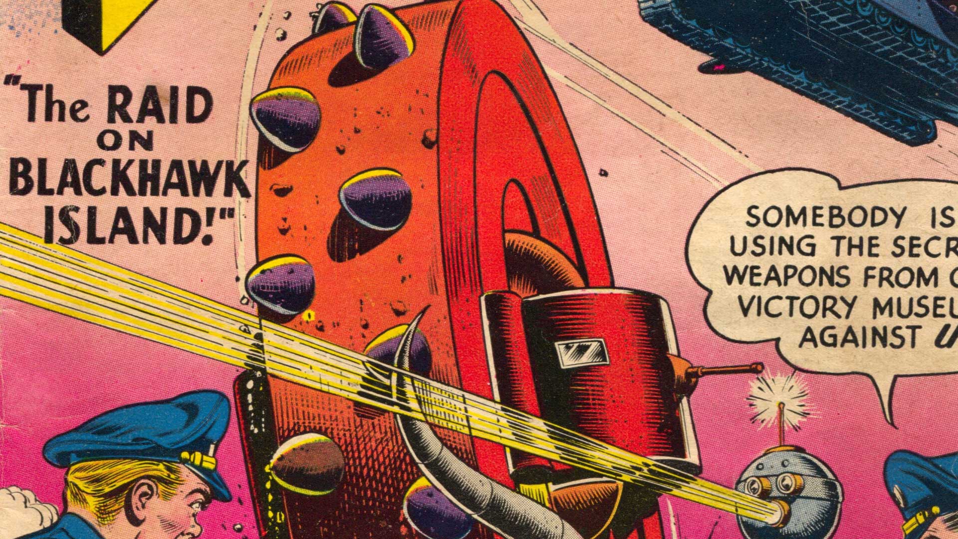 Vintage comic panel titled 'The Raid on Blackhawk Island' showing the spiked, armored War Wheel weapon
