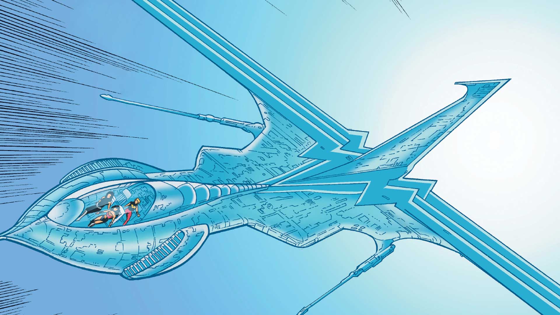 Comic book panel of Wonder Woman's translucent Invisible Jet in flight, showing passengers visible through its see-through hull