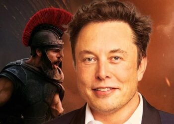 Composite image of Elon Musk smirking while Matt Damon, in Odyssey costume, appears to shout in his ear