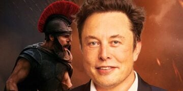 Composite image of Elon Musk smirking while Matt Damon, in Odyssey costume, appears to shout in his ear
