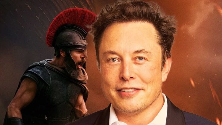 Composite image of Elon Musk smirking while Matt Damon, in Odyssey costume, appears to shout in his ear