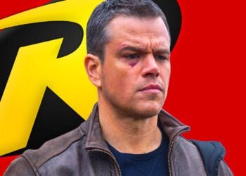 Matt Damon composite image with the Robin logo, representing his rumored casting as Robin in Batman