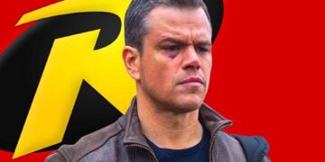 Matt Damon composite image with the Robin logo, representing his rumored casting as Robin in Batman