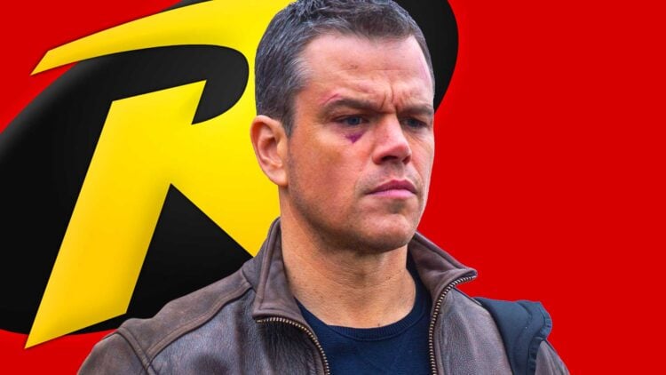 Matt Damon composite image with the Robin logo, representing his rumored casting as Robin in Batman