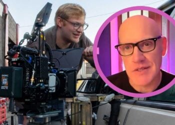 Curry Barker on the set of Obsession, with an inset photo of his father and script consultant Jeff Barker.