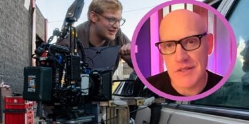 Curry Barker on the set of Obsession, with an inset photo of his father and script consultant Jeff Barker.