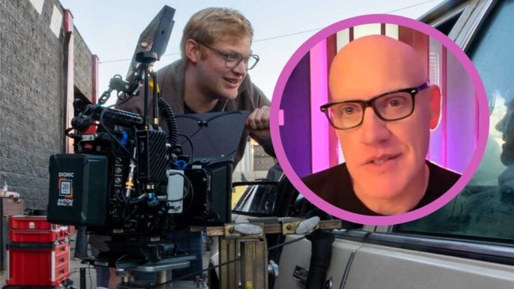 Curry Barker on the set of Obsession, with an inset photo of his father and script consultant Jeff Barker.
