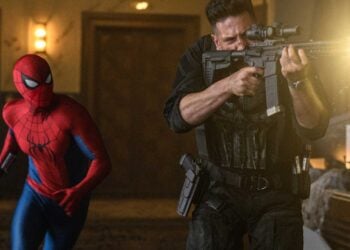 Jon Bernthal's Punisher fires a rifle as Tom Holland's Spider-Man runs behind him in Spider-Man: Brand New Day