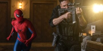 Jon Bernthal's Punisher fires a rifle as Tom Holland's Spider-Man runs behind him in Spider-Man: Brand New Day