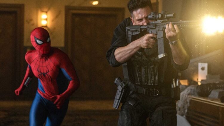 Jon Bernthal's Punisher fires a rifle as Tom Holland's Spider-Man runs behind him in Spider-Man: Brand New Day