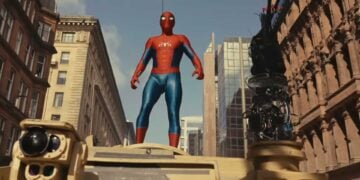Spider-Man standing on top of a real tank during filming of the Spider-Man: Brand New Day tank chase