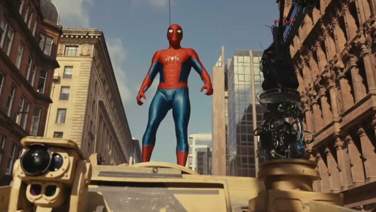 Spider-Man standing on top of a real tank during filming of the Spider-Man: Brand New Day tank chase