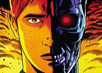 Split image of Archie Andrews' face transforming into a Terminator endoskeleton, from the Archie vs. the Terminator #1 cover