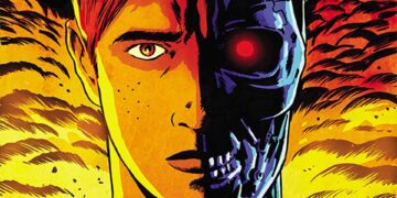 Split image of Archie Andrews' face transforming into a Terminator endoskeleton, from the Archie vs. the Terminator #1 cover