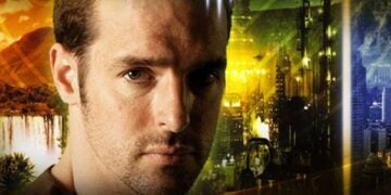 Charlie Jade promotional art showing actor Jeffrey Pierce split across the show's three parallel universes — Alphaverse, Betaverse, and Gammaverse
