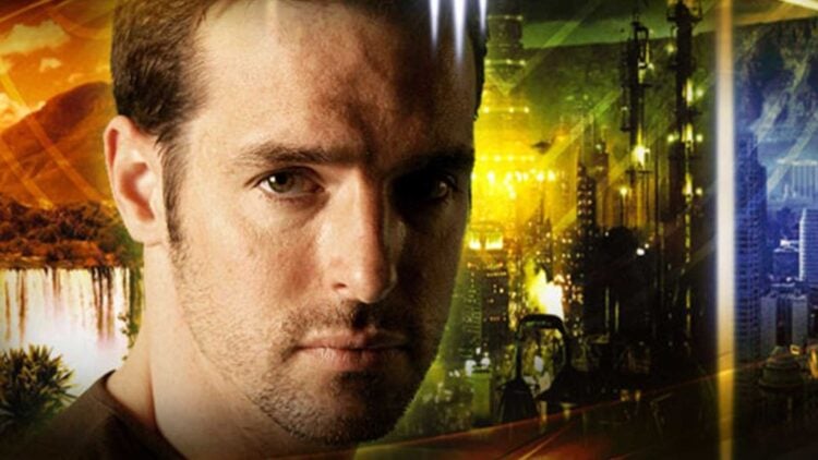 Charlie Jade promotional art showing actor Jeffrey Pierce split across the show's three parallel universes — Alphaverse, Betaverse, and Gammaverse