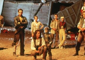 Cast of NBC's Earth 2, including Clancy Brown, standing in front of the wrecked Eden Advance ship