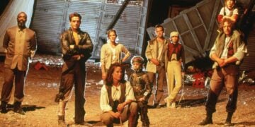 Cast of NBC's Earth 2, including Clancy Brown, standing in front of the wrecked Eden Advance ship