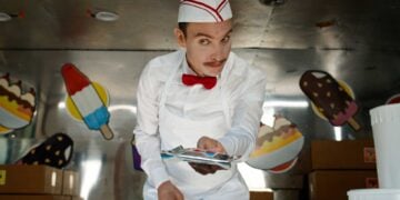 Ari Millen as the Ice Cream Man staring menacingly from inside his truck in Eli Roth's Ice Cream Man