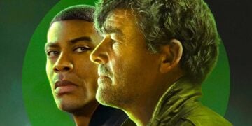 Aaron Pierre and Kyle Chandler in HBO's Lanterns key art as John Stewart and Hal Jordan