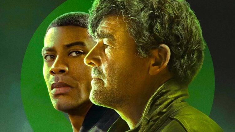 Aaron Pierre and Kyle Chandler in HBO's Lanterns key art as John Stewart and Hal Jordan
