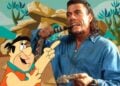 Jean-Claude Van Damme from Hard Target composited into a Flintstones cartoon scene with Fred Flintstone pointing at him