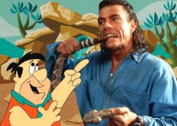 Jean-Claude Van Damme from Hard Target composited into a Flintstones cartoon scene with Fred Flintstone pointing at him