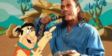 Jean-Claude Van Damme from Hard Target composited into a Flintstones cartoon scene with Fred Flintstone pointing at him