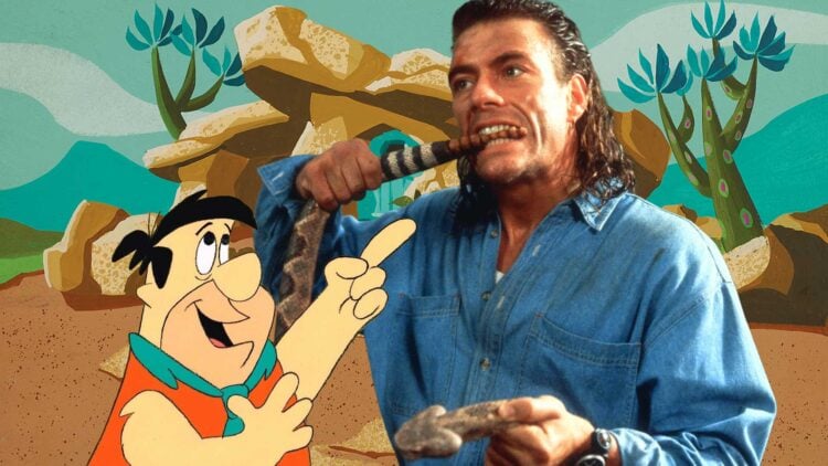 Jean-Claude Van Damme from Hard Target composited into a Flintstones cartoon scene with Fred Flintstone pointing at him