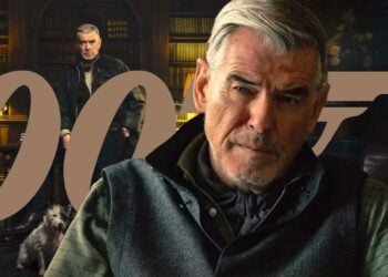 Edited image of Pierce Brosnan as an older James Bond, made from MobLand stills